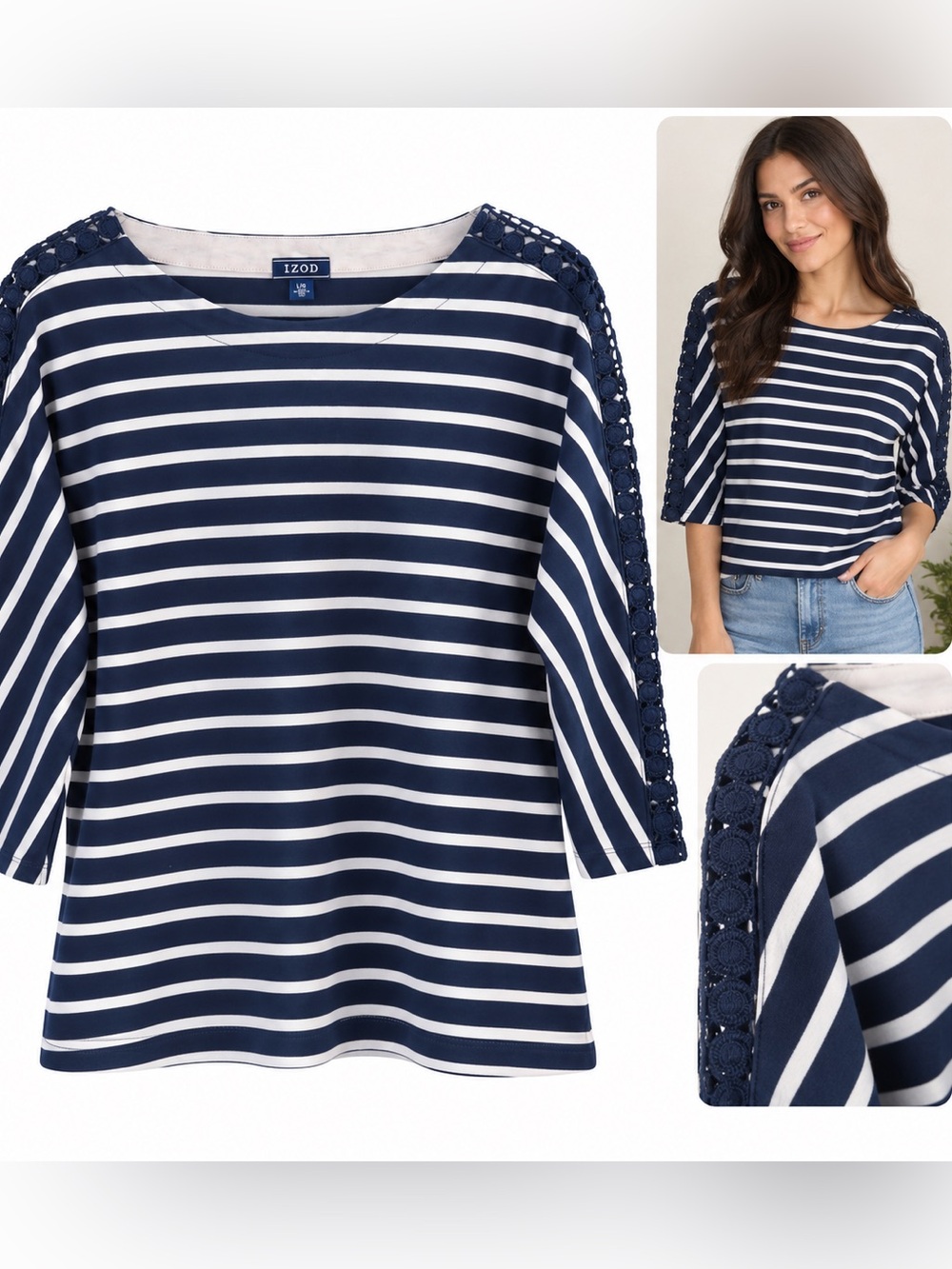 IZOD Navy and White Striped Lace-Trim Boatneck Top 3/4 sleeve cotton large